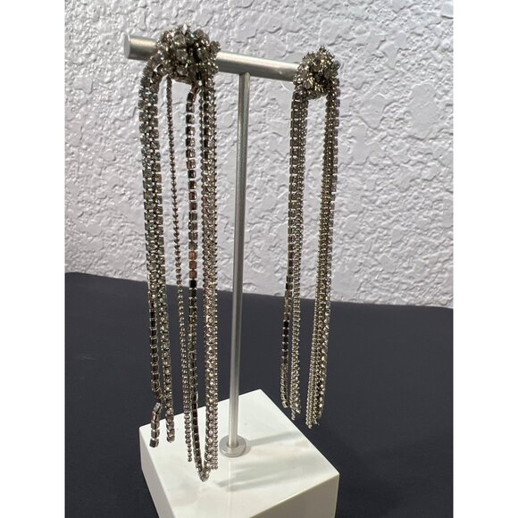 Rhinestone Ball Chain Tassel Earrings Post 4" Drop Lovers Knot Glamour Holidays - Picture 13 of 14